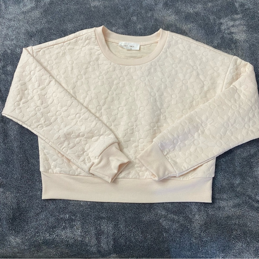 Pink Rose Boho Casual Blush Daisy Quilted Cropped Crewneck Sweatshirt. Size S - Picture 2 of 8